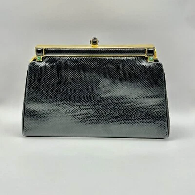 Vintage Judith Leiber Black Snake Skin Embossed Leather Clutch With Strap - Image 1 of 4