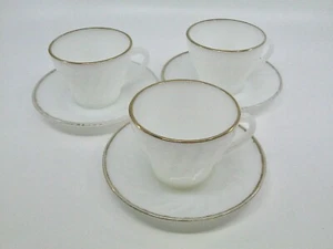 3x Fire-King Cup and Saucer Swirl White Milk Glass Gold Trim Anchor Hocking 4 oz - Picture 1 of 9
