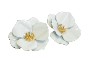 Enameled Magnolia Flower Stud Earrings White & Gold Tone - Picture 1 of 4