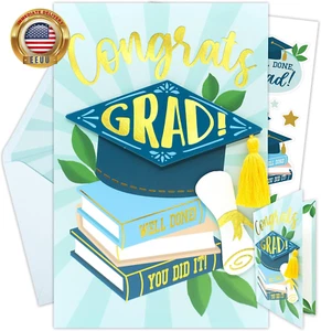 Gold-Foiled 5X8In Individual Congrats Grad Card with Graduation Hat Top and Dipl - Picture 1 of 6