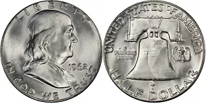 1962 FRANKLIN HALF DOLLAR UNC - BLAST WHITE GEM BU UNCIRCULATED FROM ORIG. ROLL! - Picture 1 of 1
