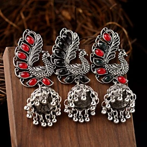 Fashion Silver Peacock Drop Dangle Earring Gemstone Tassel India Jhumka Earrings - Picture 1 of 34