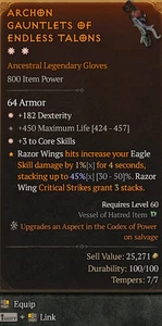 Diablo 4 S9 Season 9 Gloves 2GA 182 Dexterity 3 to core skills - Picture 1 of 1