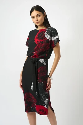 Vestido Vaina Joseph Ribkoff Negro/Rojo Estampado Floral Cuello Barco Manga Corta 253150 Foto 1 de 3