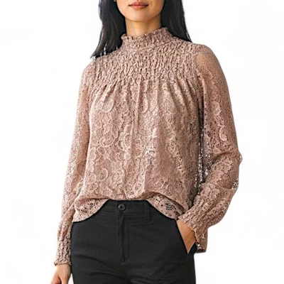 Blusa Top de Encaje Cable & Calibre Cuello Simulado Manga Larga Romántica Talla Mediana  Foto 1 de 4