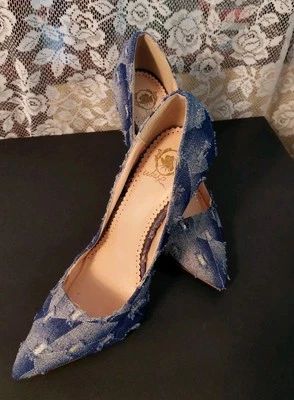 Denim Blue Jean  Pointed Toe Stiletto Rhinestones  Wild PAIR 8.5 M New W/O Box. - Image 1 of 4