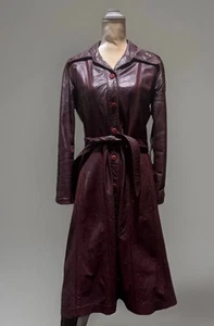 *Vintage* IMPERIAL Womens 12 Long Leather Knit Trench Coat Belted OXBLOOD 60s70s - Picture 1 of 23