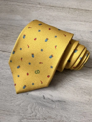 Corbata vintage con estampado de búho de seda amarilla BVLGARI Foto 1 de 4