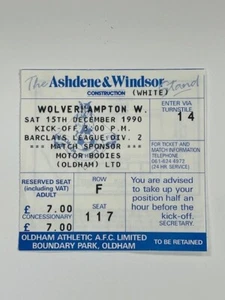 Boleto de partido Oldham Athletic V Wolverhampton Wanderers 1990/91 15-12-1990 div 2 - Imagen 1 de 1