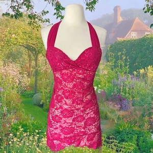 Vintage Shirley of Hollywood Slip Dress XS Hot Pink Mini Halter Sequin Lingerie - Picture 1 of 9