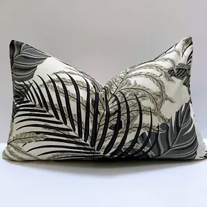 SANDERSON ‘MANILA’ CHARCOAL / CREAM LINEN BLEND FABRIC CUSHION COVER 12" X 20" - Picture 1 of 3