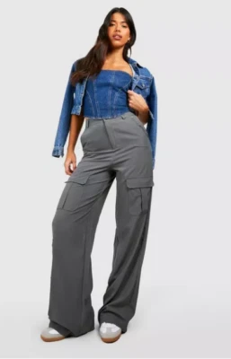 12 Tall Grey Multi Pocket Detail High Waisted Wide Leg Cargo Pants NWT  - Image 1 of 3