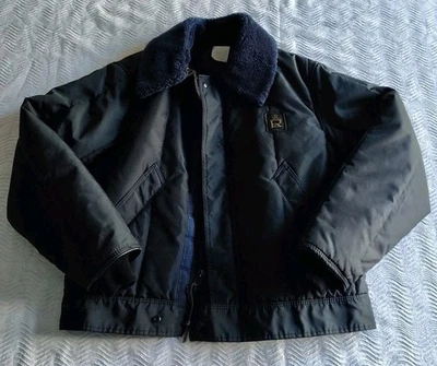 RefrigiWear Bomber Jacket Mens Large Coat Blue Vintage Work Coat Faux Fur Collar - Image 1 of 4