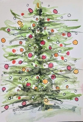 Оригинальная подписанная акварельная картина. Рождественская елка. Причудливый. милый. - Изображение 1 из 2
