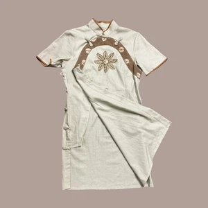 Vintage 90s Chinese Wrap Dress Linen Blend Frog Buttons Mandarin Collar Small - Picture 1 of 18