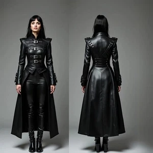 Cow Leather Women Trench Coat Vampire Long Coat Gothic Steampunk Black Costume - Picture 1 of 6