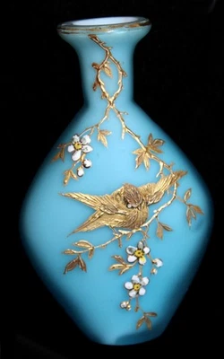 Antigua Botella de Perfume Harrach Esmalte Dorado Pájaro Flores Vides Vidrio Azul Nº 1208 Foto 1 de 4