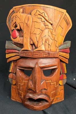 Máscara de madera decorativa tallada a mano de madera azteca/maya Jaguar 12" de alto arte popular Foto 1 de 4