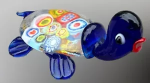 Vintage Blue Glass Turtle Millefiori Design Figurine Very Cute Red Lips - Picture 1 of 8