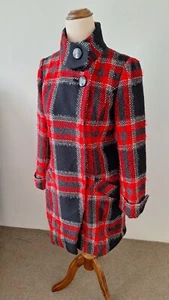 Korean Designer Ladies 6 8 Tweed Jacket Long Wool Blnd Red Black Check High Neck - Picture 1 of 24