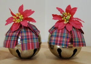 2 Large Brass Jingle Bell Ornaments with Ribbon and Poinsettias - Picture 1 of 3
