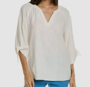 Jones New York Women's White Elbow-Sleeve Linen-Blend Blouse Top Petite Size PL - Picture 1 of 2