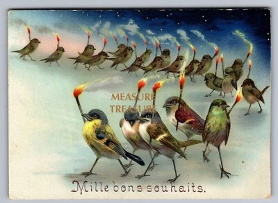 C.1900 WOW! CREEPY TORCH HOLDING BIRDS SPARROW MATCH VICTORIAN GREETING CARD F10 - Image 1 of 2