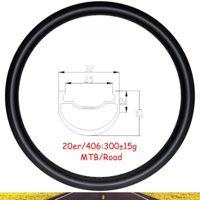 Llantas de bicicleta cubierta sin cámara de fibra de carbono 20er 406 para MTB o bicicleta de carretera 28 32H Foto 1 de 4