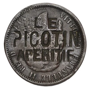 REGNO D'ITALIA VITTORIO EMAN. II 10 Centesimi contromarca LE PICOTIN APERITIF - Picture 1 of 2