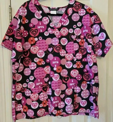 Scrub Top Cassandra O Heart I Love U Womens Valentine's Day Pockets Size 3X - Image 1 of 4