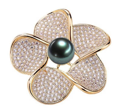 Broches naturales de flores de cristal perla negra de agua dulce de 11-12 mm 18 kg para mujer Foto 1 de 4