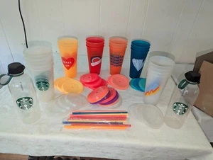 19 Starbucks Reusable Cold Cup 24oz Venti Plastic w Lids & 10 Straws/ 2 Bottles - Picture 1 of 6