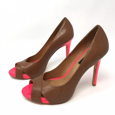 Ann Taylor NUEVO De Cherie Peep Toe Plataforma Tacones Zapatos Cuero Talla 9M Marrón/Rosa Foto 1 de 4