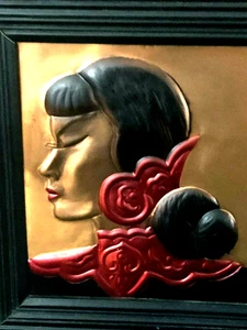 FABULOUS Mid Century Modern Wide Framed Enamel & Copper Woman Wall Picture - Picture 1 of 3