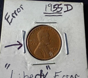 1955-D MINT ERROR  WHEAT CENT Penny ('BIE'  IN LIBERTY) - Picture 1 of 4