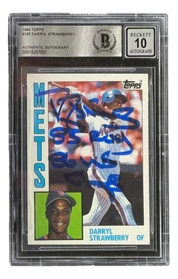 Подписанная карточка дебютанта Дэррила Строберри 1984 Topps No182 Mets с 2 Insc BAS Auto 10 - Изображение 1 из 2