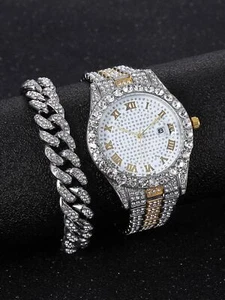 Punk Hip Hop Watch Set Diamond-studded Bracelet Set Men's Watch Set  - Picture 1 of 26
