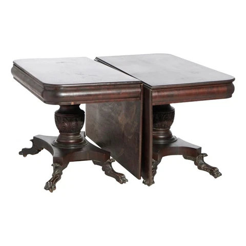 Antique American Empire Greco Flame Mahogany Double Pedestal Banquet Table c1840 Cover