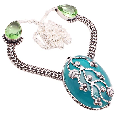 Chalcedony Gemstone Silver Plated Necklace Handmade Jewelry Gift 26 Gms N-1010 - image 1 of 3