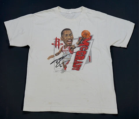 Rare Vintage REEBOK Tracy McGrady Houston Rockets Caricature T Shirt 2000s White Cover