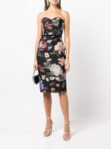 AUTH Marchesa Notte Floral Fil Coupé Tea-length Gown black/multicolour - Picture 1 of 4