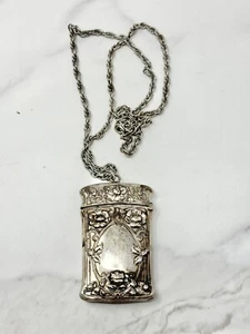 Antikes gepunztes Sterlingsilber Blumen Streichholz Vesta Etui Chatelaine mit Kette - Bild 1 von 8