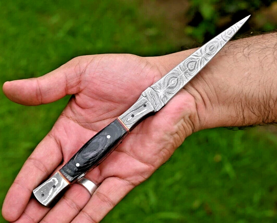 Cuchillo de bota de caza de acero Damasco forjado a mano hecho a medida con funda de cuero 2841 Foto 1 de 4