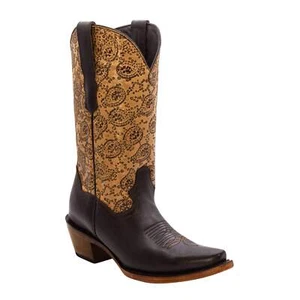 Ladies Genuine Leather Emma Snip Toe Print Shaft Brown Boots Handcrafted Quality - Picture 1 of 1