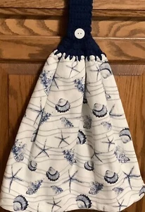 Double hanging kitchen towel tropical sea shells star fish crocheted navy top - Picture 1 of 3