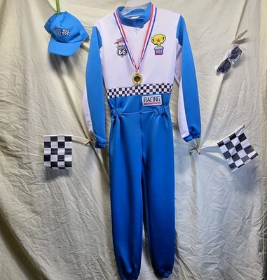Disfraz de carreras de autos para niños talla XL con SOMBRERO, 2 BANDERAS, gafas de sol y mono MEDALLA Foto 1 de 4