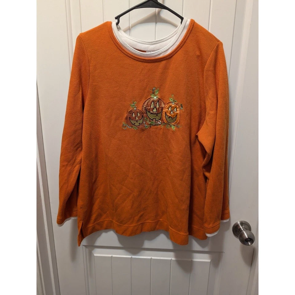 Halloween Orange Top w/3 Orange Pumpkins Embroidery SZ L EUC!! L@@K! - Image 1 of 3