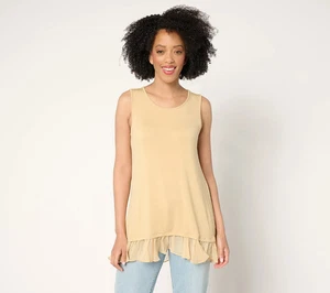 LOGO Layers by Lori Goldstein Knit Tank with Hi-Low Chiffon Hem Light Brown 3X - Picture 1 of 2