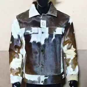 Men Western Cowhide Leather Jacket Genuine Hair-On Pony Skin Stylish Truck - Picture 1 of 4