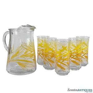 Mid-Century Golden Wheat Pitcher & Drink Glasses - Set of 6 - Picture 1 of 8